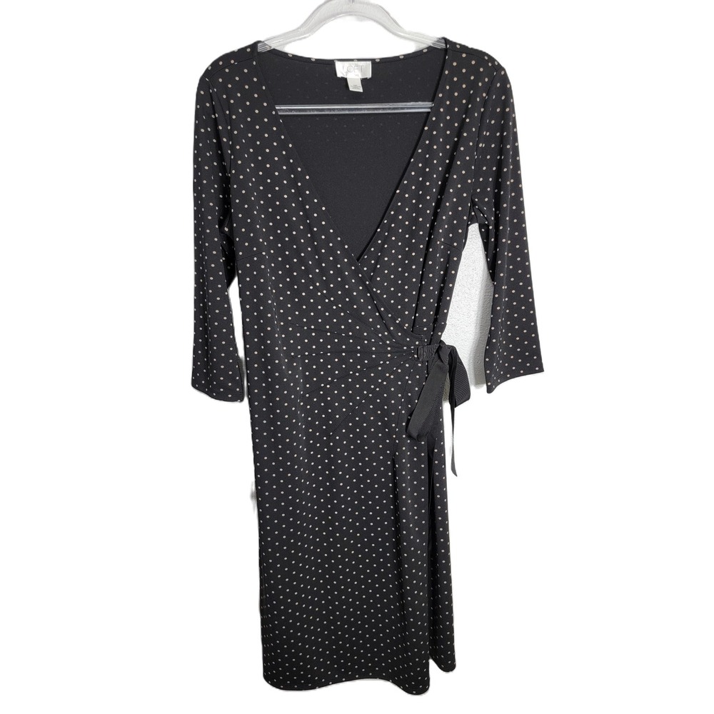 Ann Taylor LOFT Petites 12P Black Polka Dot Faux Wrap Dress 3/4 Sleeve V-Neck